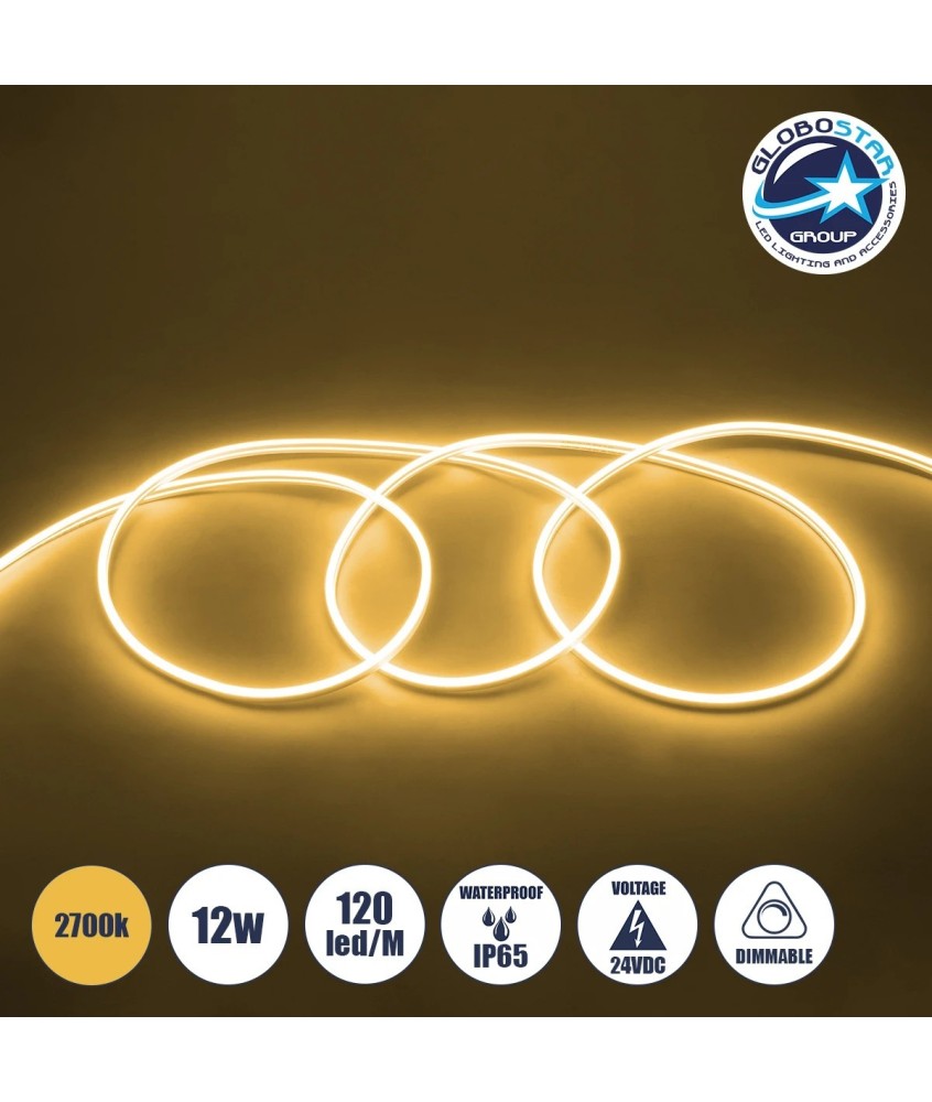 GLOBOSTAR® NEOVALE 70562 Ταινία Neon Flex LED 12W-m 840lm-m 120° DC 24V Αδιάβροχο IP65 120 x SMD2835 Chip-m Θερμό Λευκό 2700K Dimmable - Sanan SMD Chip - Μ100 x Π0.8 x Υ1.6cm - 3 Χρόνια Εγγύηση